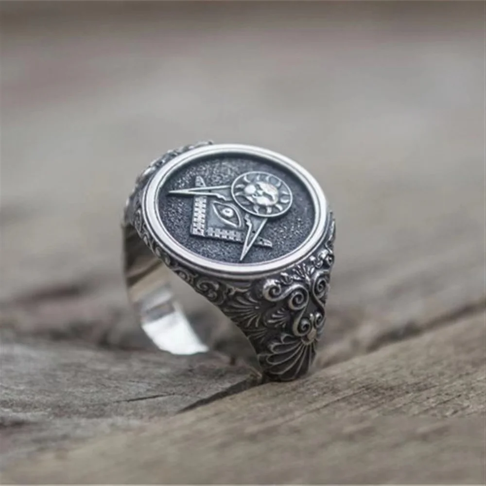 Erkekler için Vintage masonik masonluk yüzük gümüş renk paslanmaz çelik takı All-seeing göz kafatası şekilli mistisizm Punk hediye