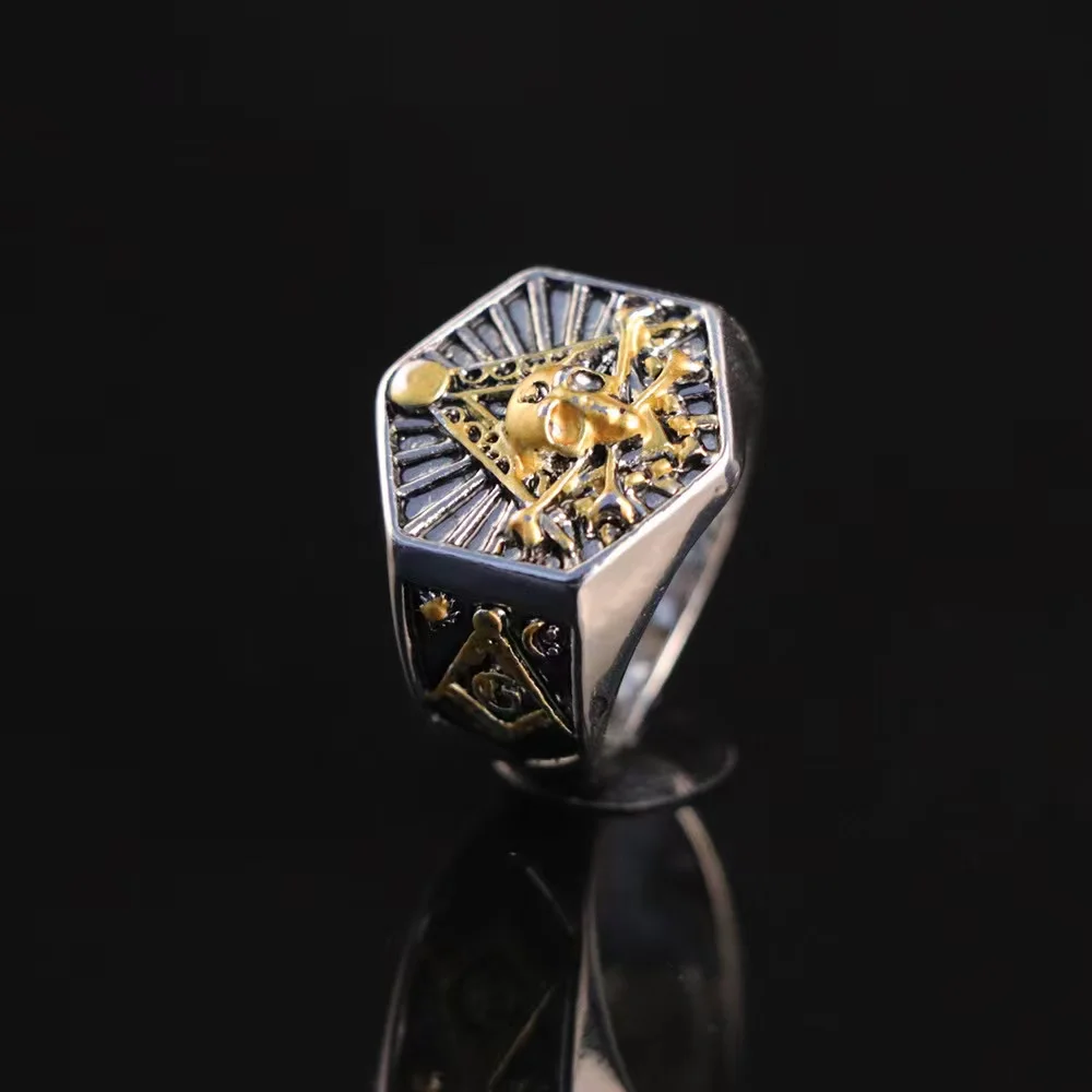 Erkekler için Vintage masonik masonluk yüzük gümüş renk paslanmaz çelik takı All-seeing göz kafatası şekilli mistisizm Punk hediye