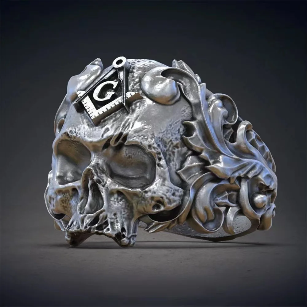 Erkekler için Vintage masonik masonluk yüzük gümüş renk paslanmaz çelik takı All-seeing göz kafatası şekilli mistisizm Punk hediye