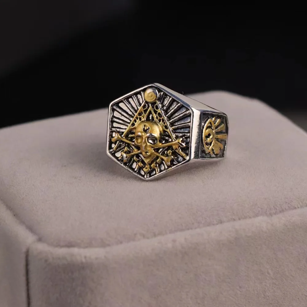 Erkekler için Vintage masonik masonluk yüzük gümüş renk paslanmaz çelik takı All-seeing göz kafatası şekilli mistisizm Punk hediye