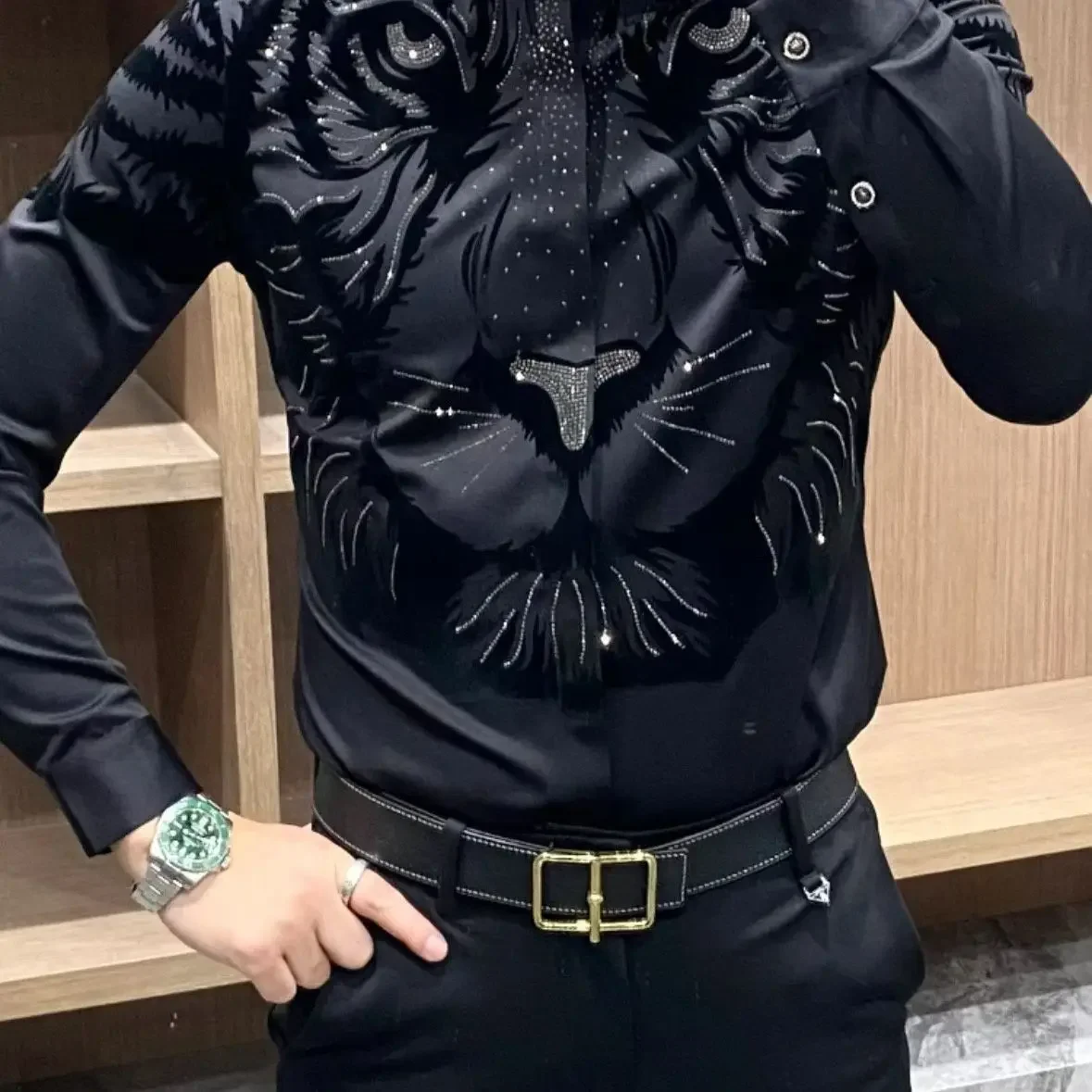 Yeni Sonbahar Ağır Sanayi Akın Kaplan Kafası Sıcak Elmas Uzun kollu Gömlek Üst Düzey Trend