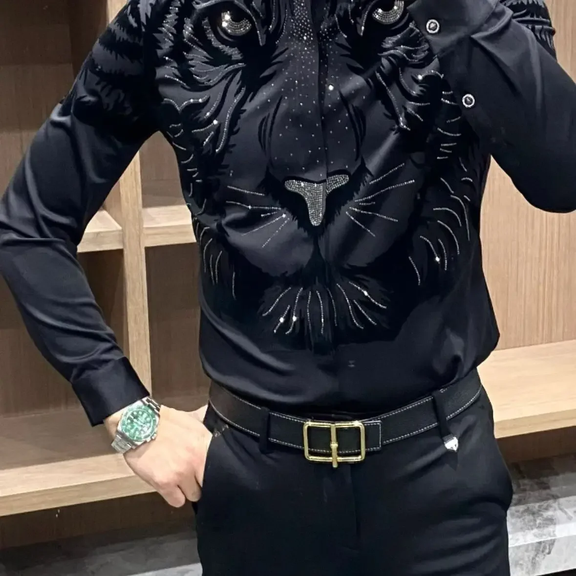 Yeni Sonbahar Ağır Sanayi Akın Kaplan Kafası Sıcak Elmas Uzun kollu Gömlek Üst Düzey Trend