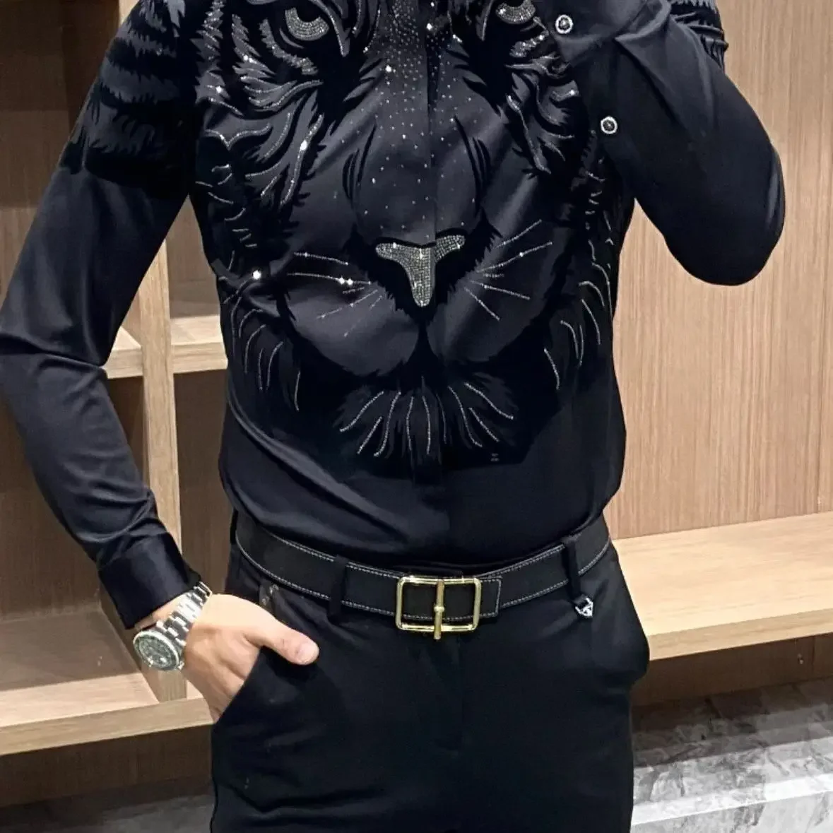 Yeni Sonbahar Ağır Sanayi Akın Kaplan Kafası Sıcak Elmas Uzun kollu Gömlek Üst Düzey Trend