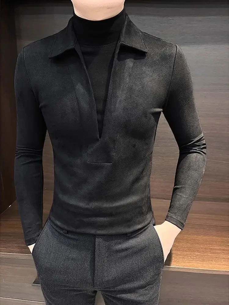 Moda V Yaka Sahte İki Parçalı Kontrast Kazak Erkek Yakışıklı ve Çok Yönlü Yarım Yüksek Boyun Termal İç Tişört Moda V Yaka Sahte İki Parçalı Kontrast Kazak Erkek Yakışıklı ve Çok Yönlü Yarım Yüksek Boyun Termal İç Tişört