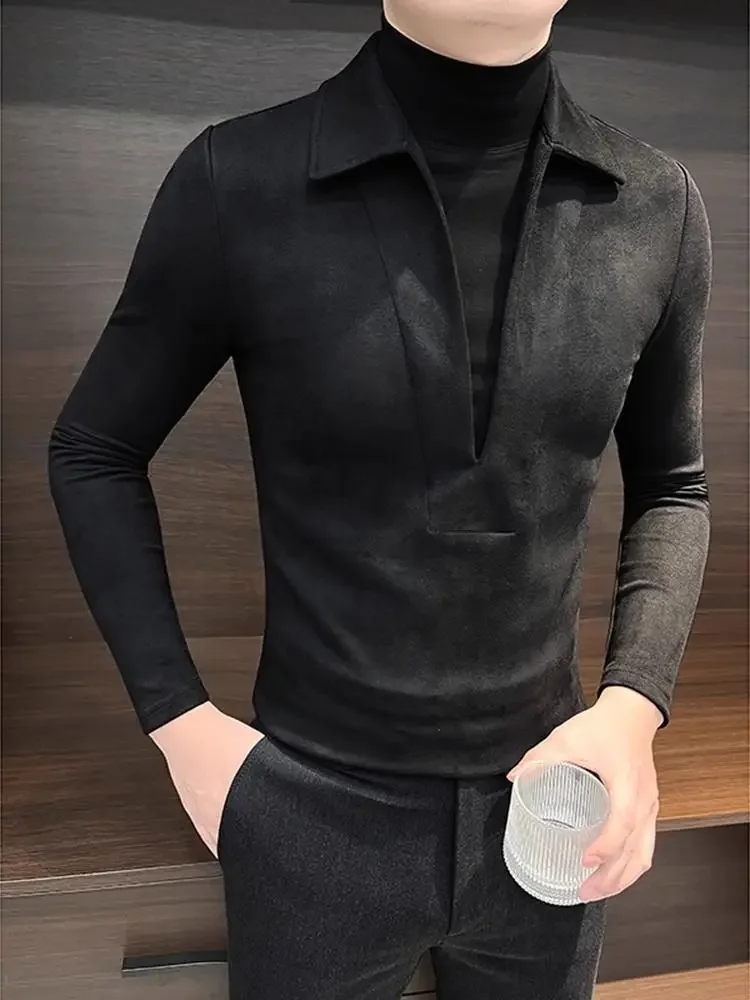 Moda V Yaka Sahte İki Parçalı Kontrast Kazak Erkek Yakışıklı ve Çok Yönlü Yarım Yüksek Boyun Termal İç Tişört Moda V Yaka Sahte İki Parçalı Kontrast Kazak Erkek Yakışıklı ve Çok Yönlü Yarım Yüksek Boyun Termal İç Tişört