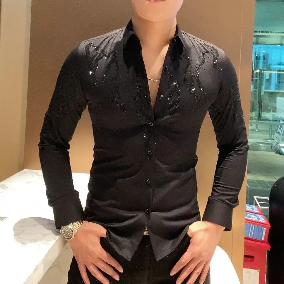 Ağır Sanayi Sıcak Elmas Gömlek Erkekler İlkbahar ve Sonbahar Trendy İnce Çok Yönlü Uzun kollu Gömlek Trendy Marka Üstleri