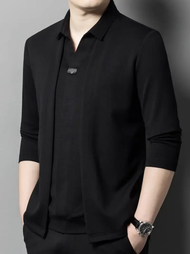 Sonbahar Rahat Sahte Iki Öğeler T-Shirt Erkekler Kore Moda Yakışıklı Sahte Hırka Uzun Kollu Katı Patchwork Trendyol Polo Gömlek