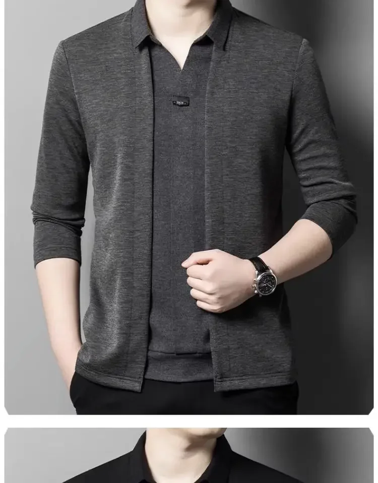 Sonbahar Rahat Sahte Iki Öğeler T-Shirt Erkekler Kore Moda Yakışıklı Sahte Hırka Uzun Kollu Katı Patchwork Trendyol Polo Gömlek