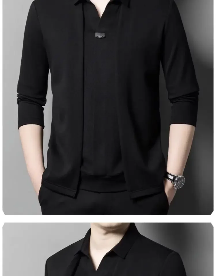 Sonbahar Rahat Sahte Iki Öğeler T-Shirt Erkekler Kore Moda Yakışıklı Sahte Hırka Uzun Kollu Katı Patchwork Trendyol Polo Gömlek