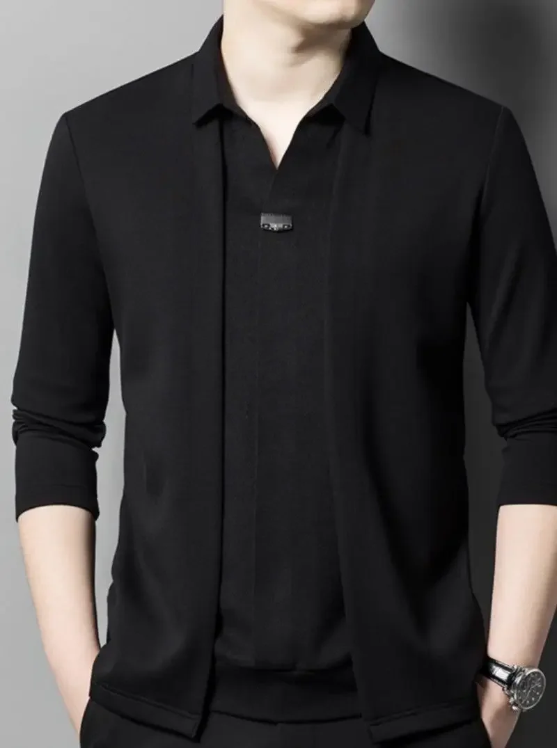 Sonbahar Rahat Sahte Iki Öğeler T-Shirt Erkekler Kore Moda Yakışıklı Sahte Hırka Uzun Kollu Katı Patchwork Trendyol Polo Gömlek