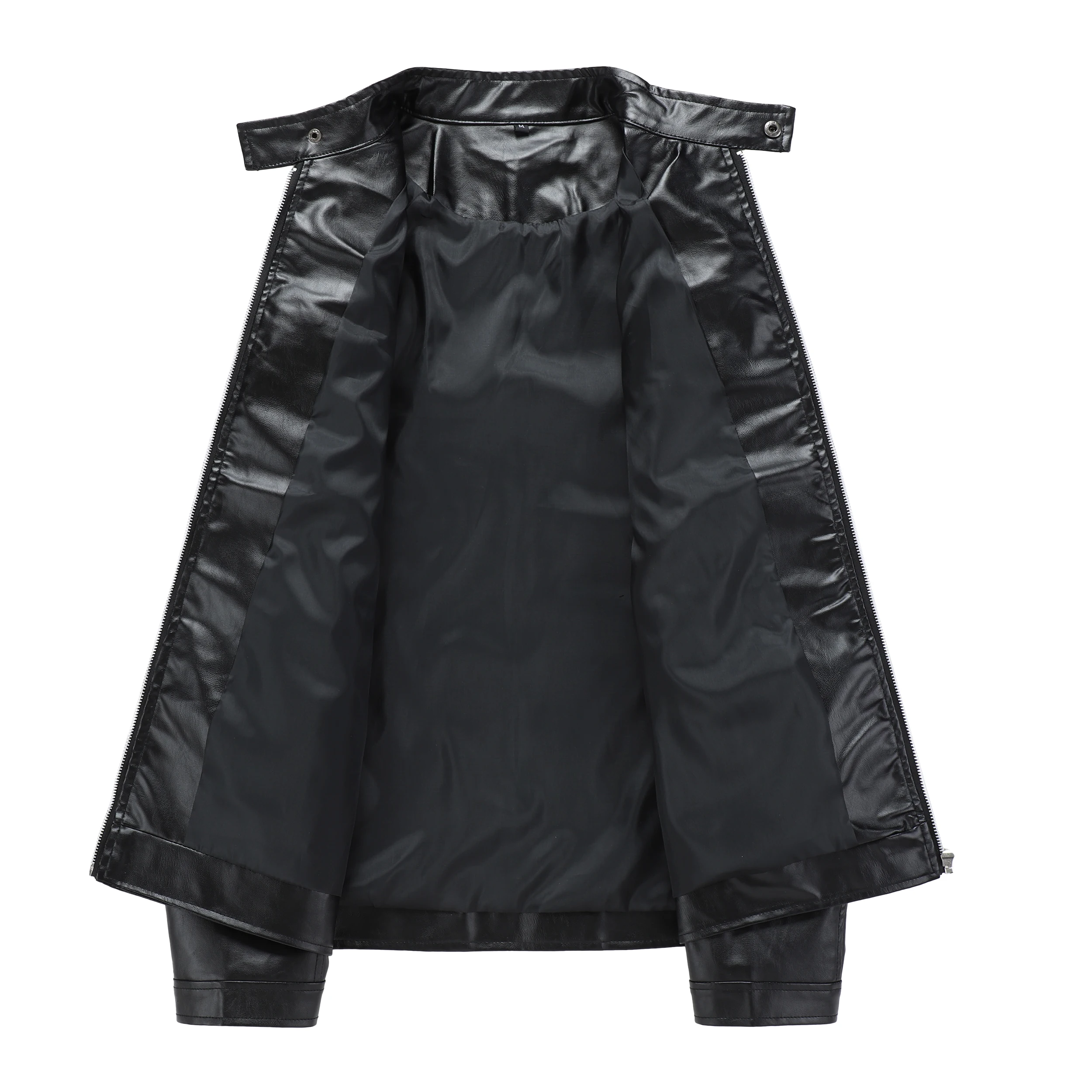 Erkek gündelik motosiklet deri ceketi - şık siyah, küçük dik yaka, uzun kollu fermuar, çok cepli, konfor