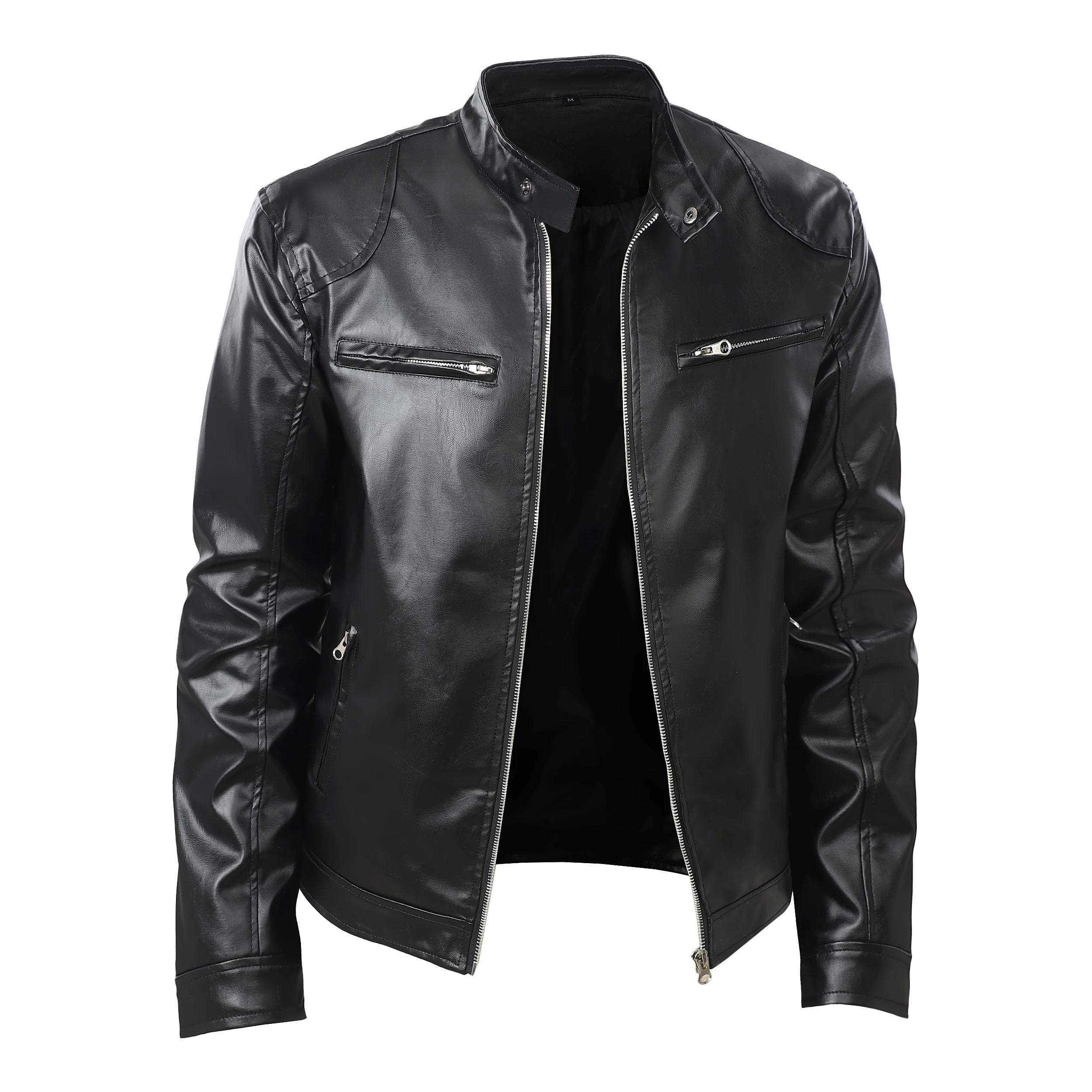 Erkek gündelik motosiklet deri ceketi - şık siyah, küçük dik yaka, uzun kollu fermuar, çok cepli, konfor