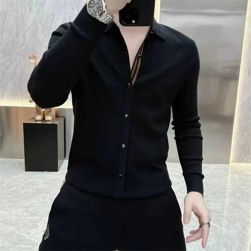 Sonbahar kış erkek örme T-shirt uzun kollu yaka rahat iş tişörtleri sosyal Streetwear dip gömlek erkekler giyim