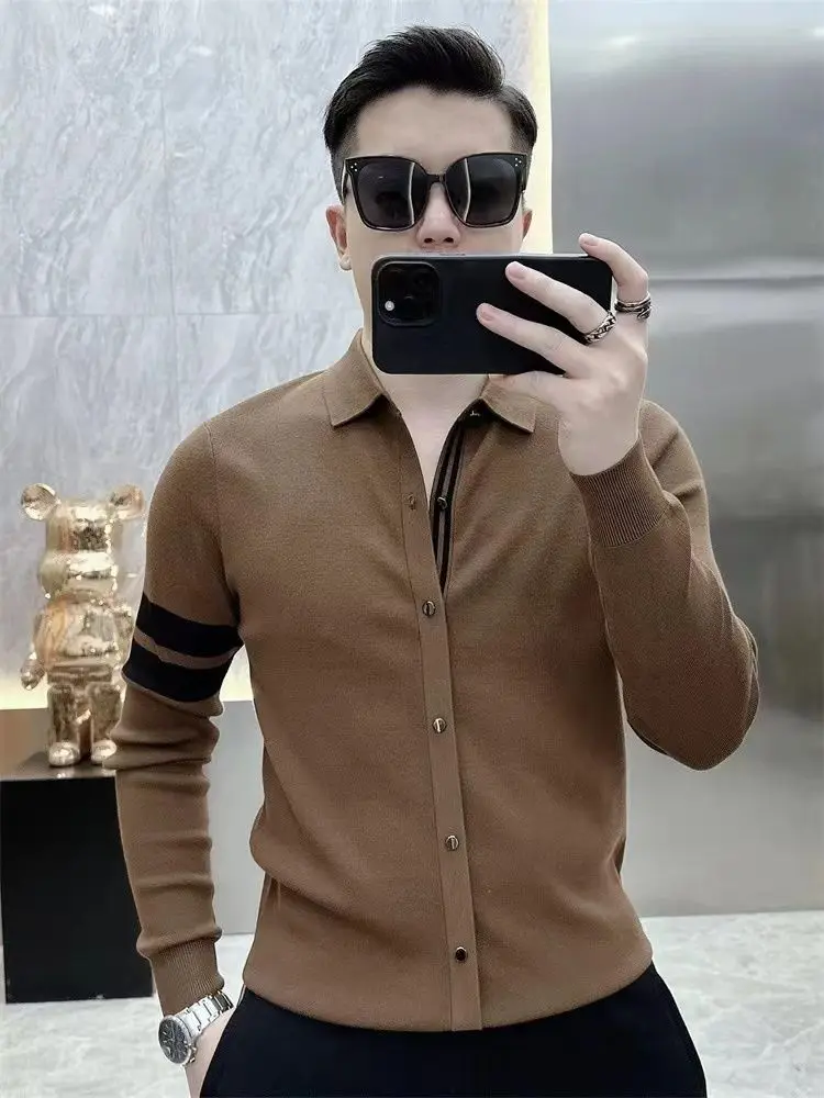 Sonbahar kış erkek örme T-shirt uzun kollu yaka rahat iş tişörtleri sosyal Streetwear dip gömlek erkekler giyim