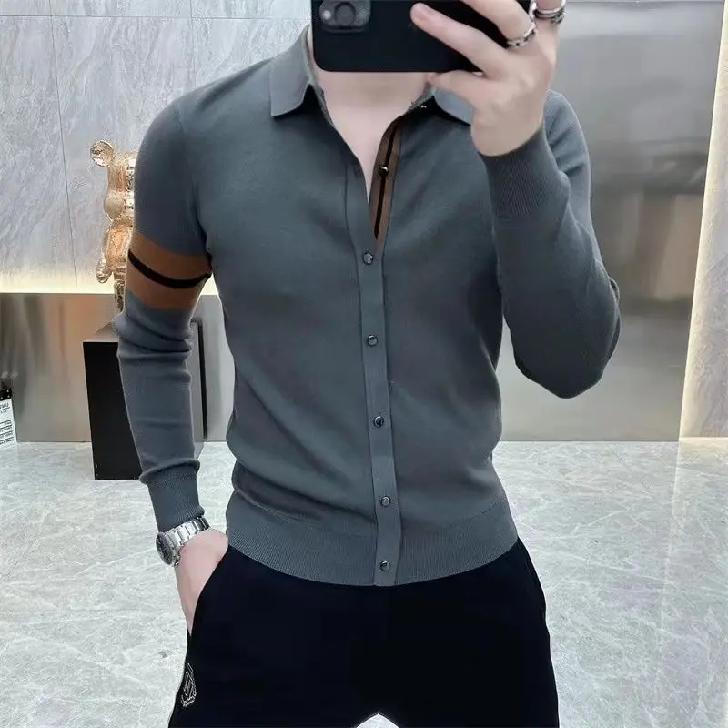 Sonbahar kış erkek örme T-shirt uzun kollu yaka rahat iş tişörtleri sosyal Streetwear dip gömlek erkekler giyim