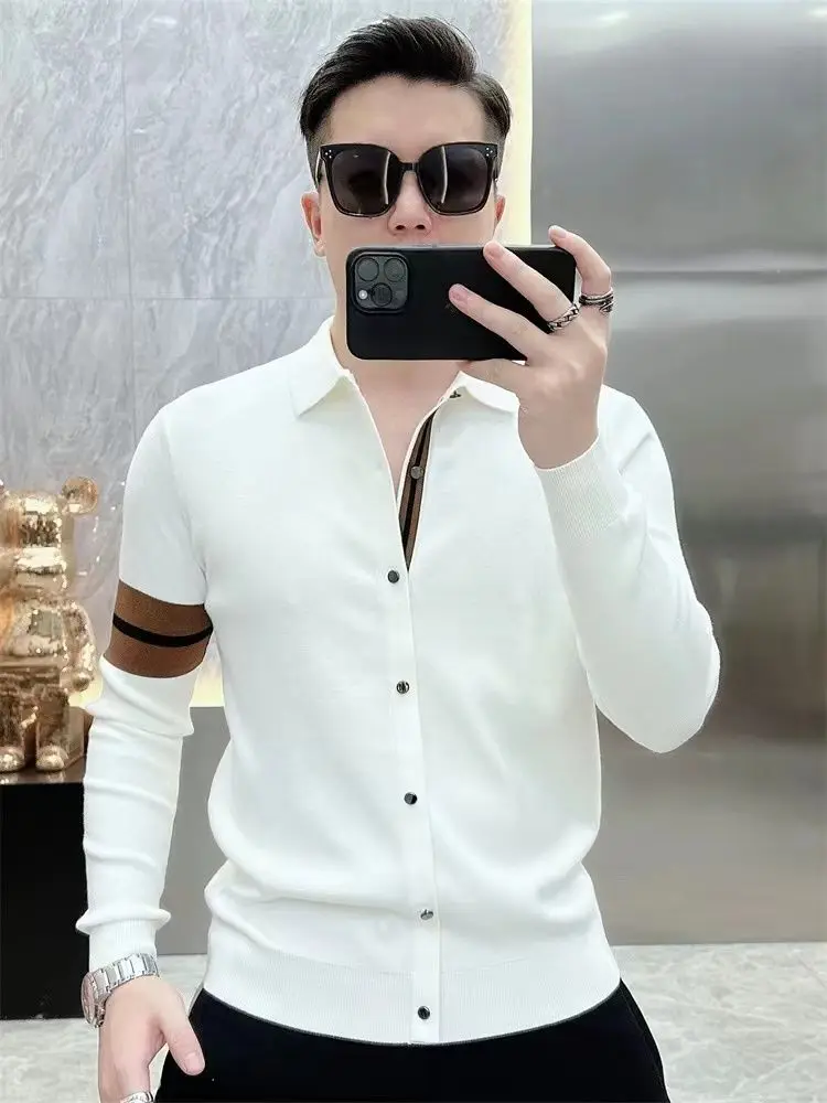 Sonbahar kış erkek örme T-shirt uzun kollu yaka rahat iş tişörtleri sosyal Streetwear dip gömlek erkekler giyim