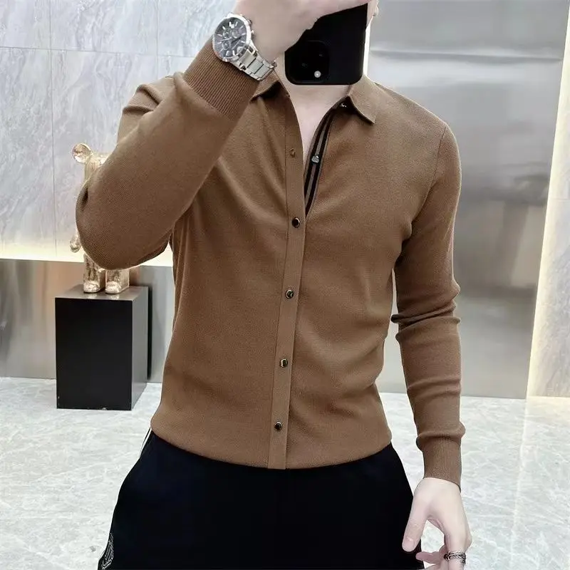 Sonbahar kış erkek örme T-shirt uzun kollu yaka rahat iş tişörtleri sosyal Streetwear dip gömlek erkekler giyim