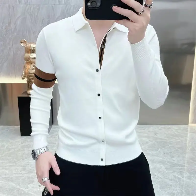 Sonbahar kış erkek örme T-shirt uzun kollu yaka rahat iş tişörtleri sosyal Streetwear dip gömlek erkekler giyim