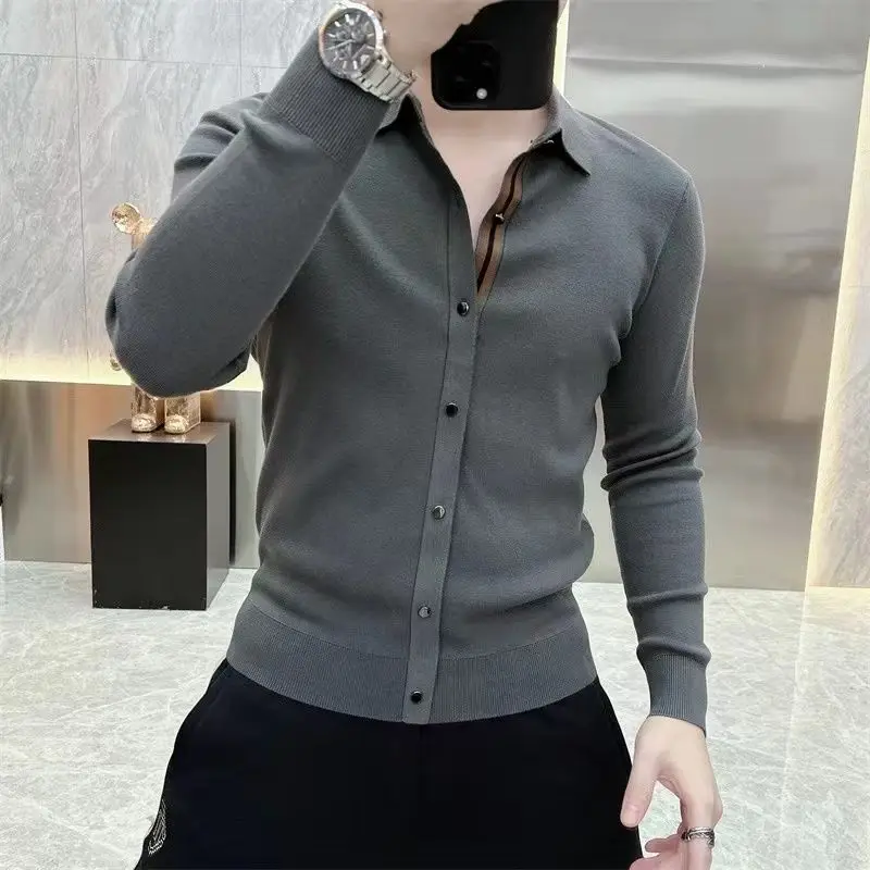 Sonbahar kış erkek örme T-shirt uzun kollu yaka rahat iş tişörtleri sosyal Streetwear dip gömlek erkekler giyim