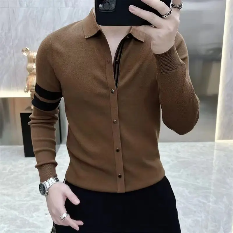 Sonbahar kış erkek örme T-shirt uzun kollu yaka rahat iş tişörtleri sosyal Streetwear dip gömlek erkekler giyim