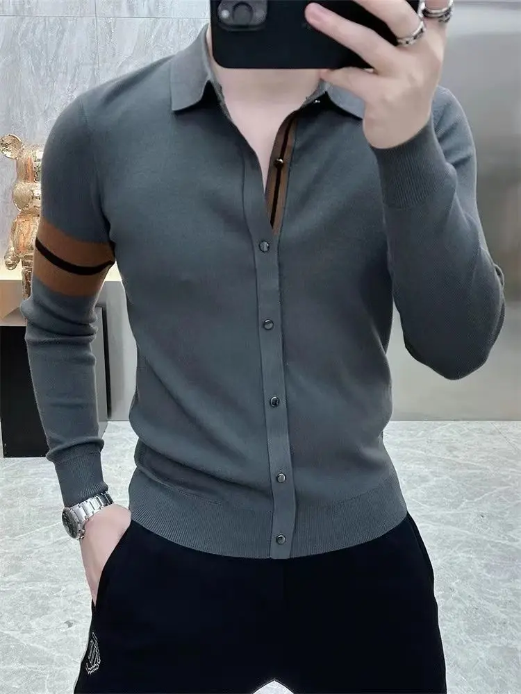 Sonbahar kış erkek örme T-shirt uzun kollu yaka rahat iş tişörtleri sosyal Streetwear dip gömlek erkekler giyim