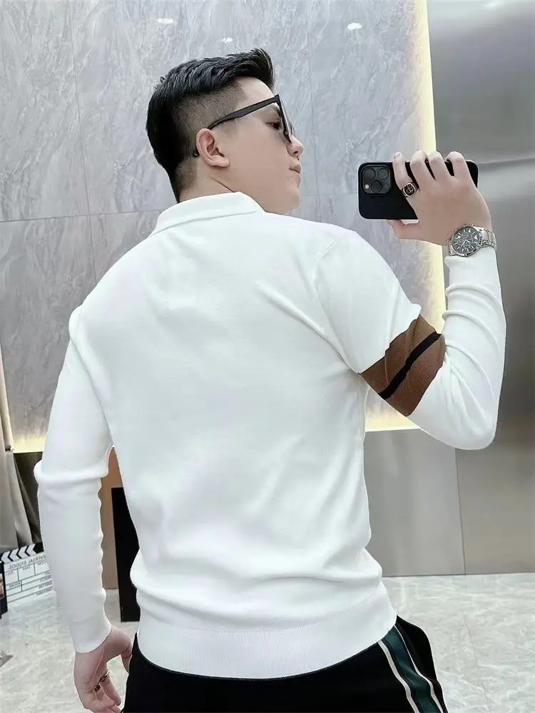 Sonbahar kış erkek örme T-shirt uzun kollu yaka rahat iş tişörtleri sosyal Streetwear dip gömlek erkekler giyim