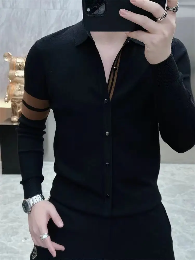 Sonbahar kış erkek örme T-shirt uzun kollu yaka rahat iş tişörtleri sosyal Streetwear dip gömlek erkekler giyim