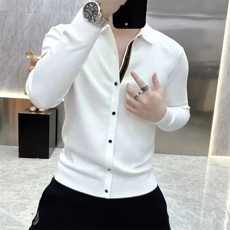 Sonbahar kış erkek örme T-shirt uzun kollu yaka rahat iş tişörtleri sosyal Streetwear dip gömlek erkekler giyim