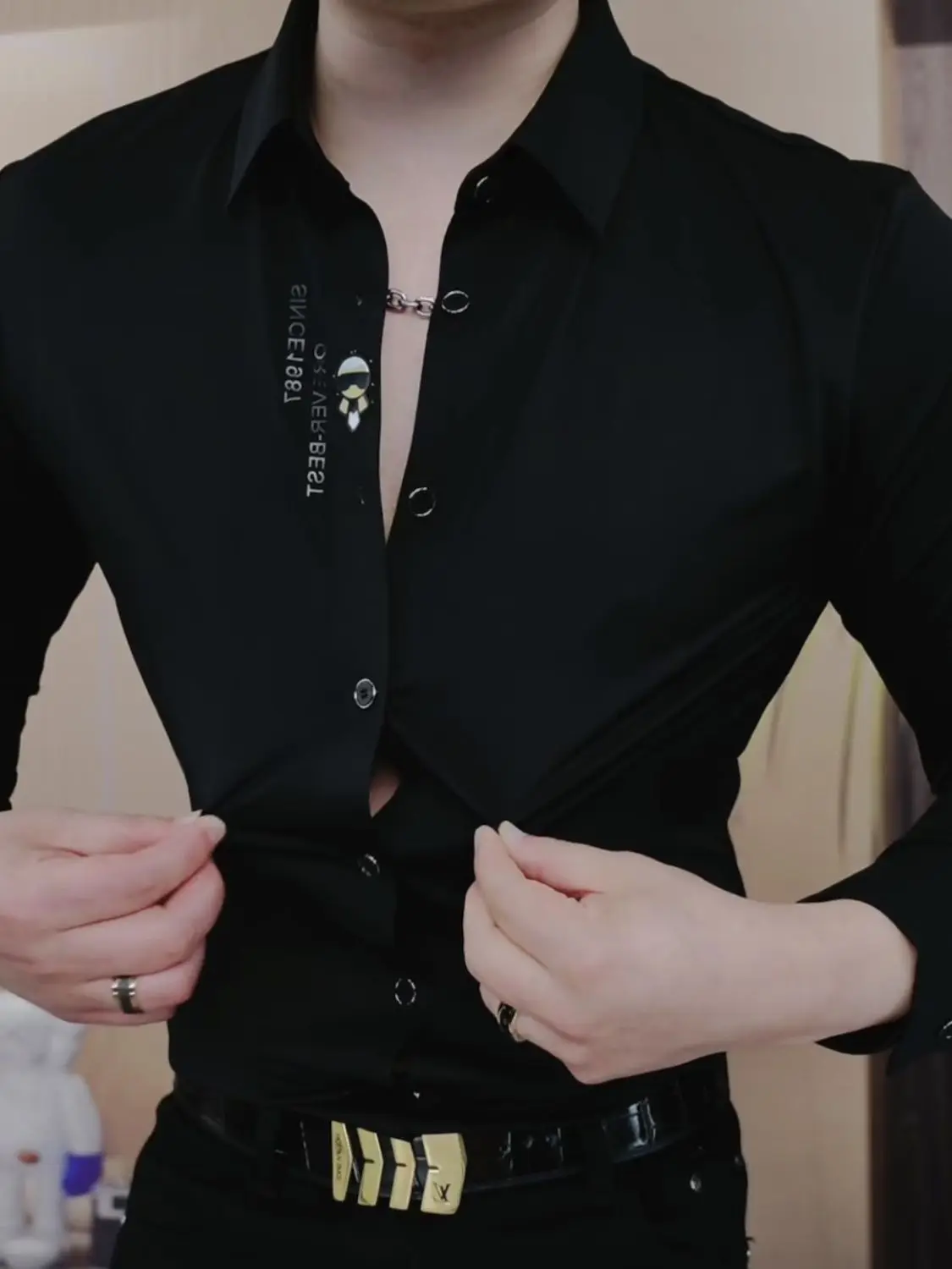 High End özelleştirilmiş siyah gömlek erkek uzun kollu dikişsiz elastik dış giyim