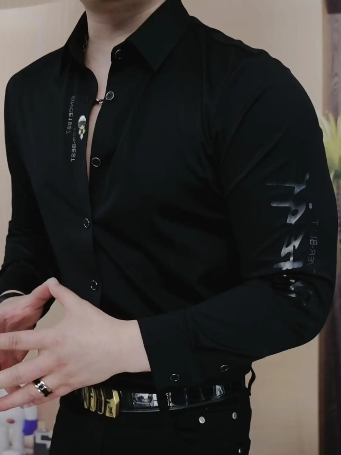 High End özelleştirilmiş siyah gömlek erkek uzun kollu dikişsiz elastik dış giyim