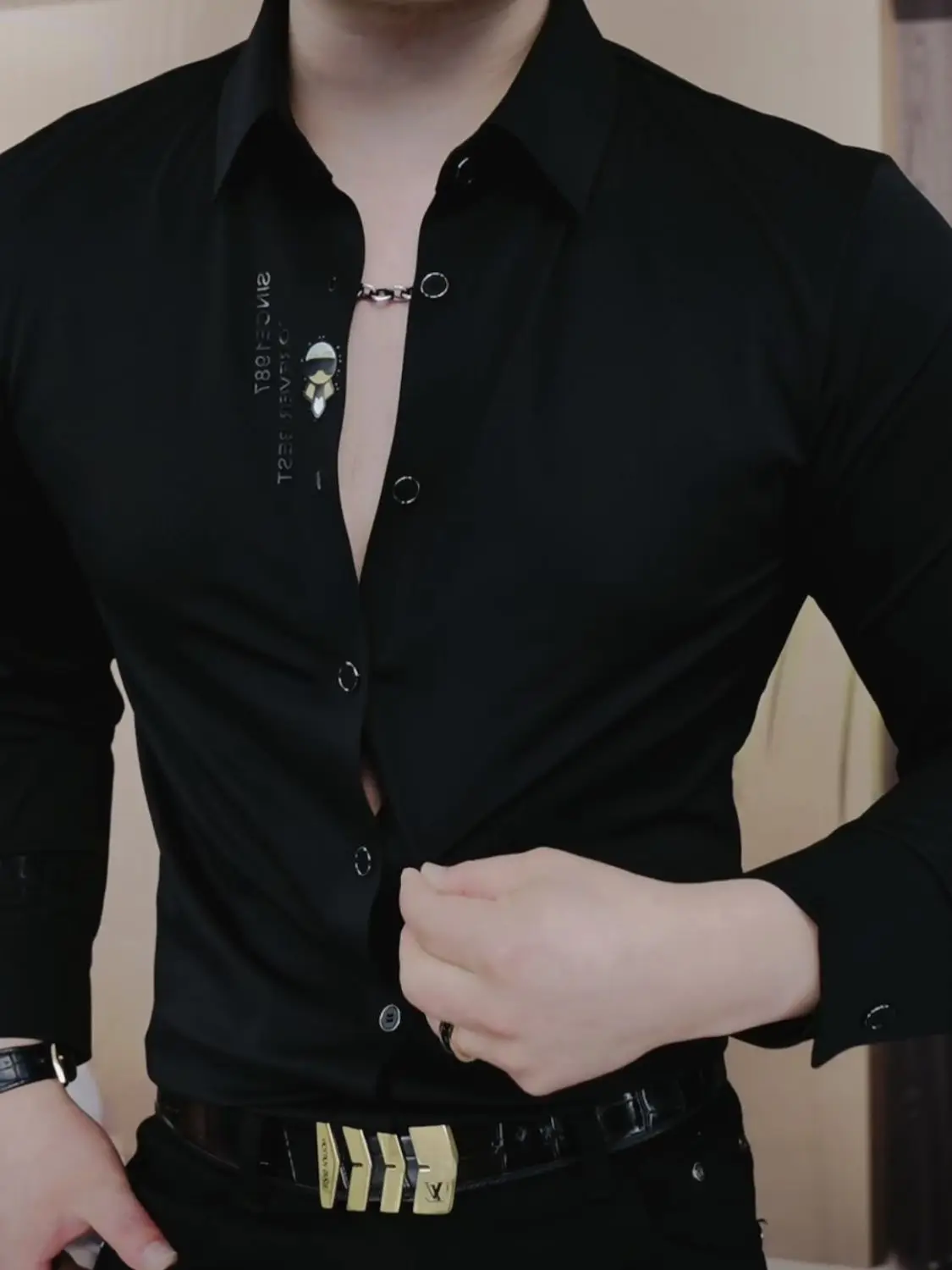 High End özelleştirilmiş siyah gömlek erkek uzun kollu dikişsiz elastik dış giyim