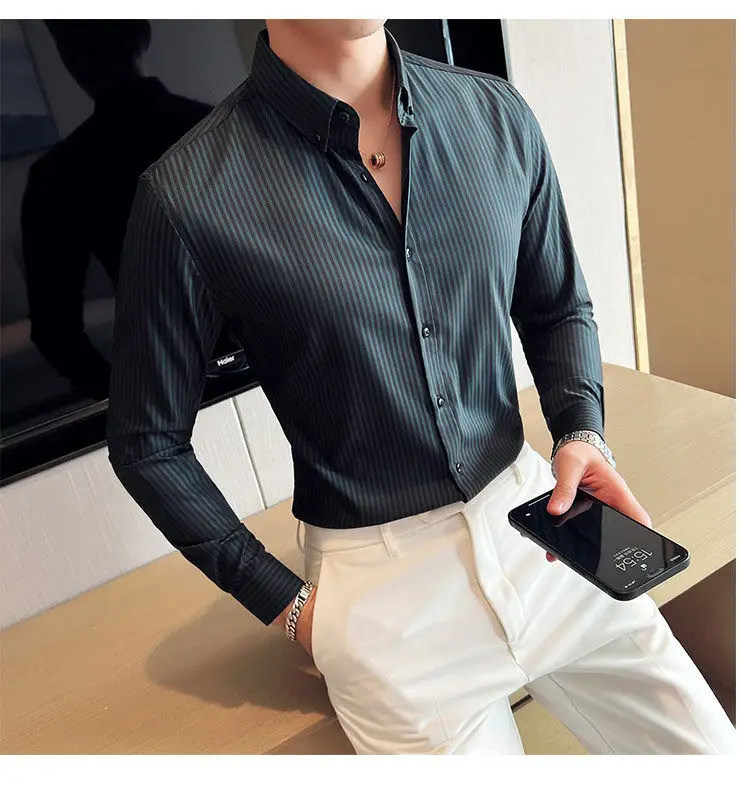 İngiltere Tarzı Çizgili Düğme Uzun Kollu O-Boyun Hırka Gömlek Resmi Rahat erkek Giyim Bahar Sonbahar Kontrast Renk Üstleri