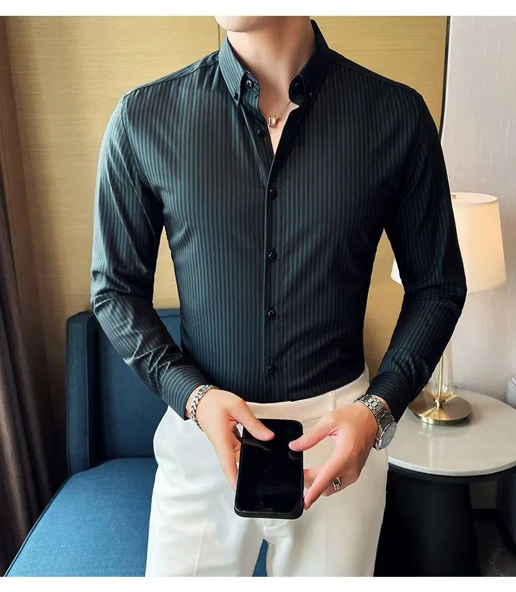 İngiltere Tarzı Çizgili Düğme Uzun Kollu O-Boyun Hırka Gömlek Resmi Rahat erkek Giyim Bahar Sonbahar Kontrast Renk Üstleri