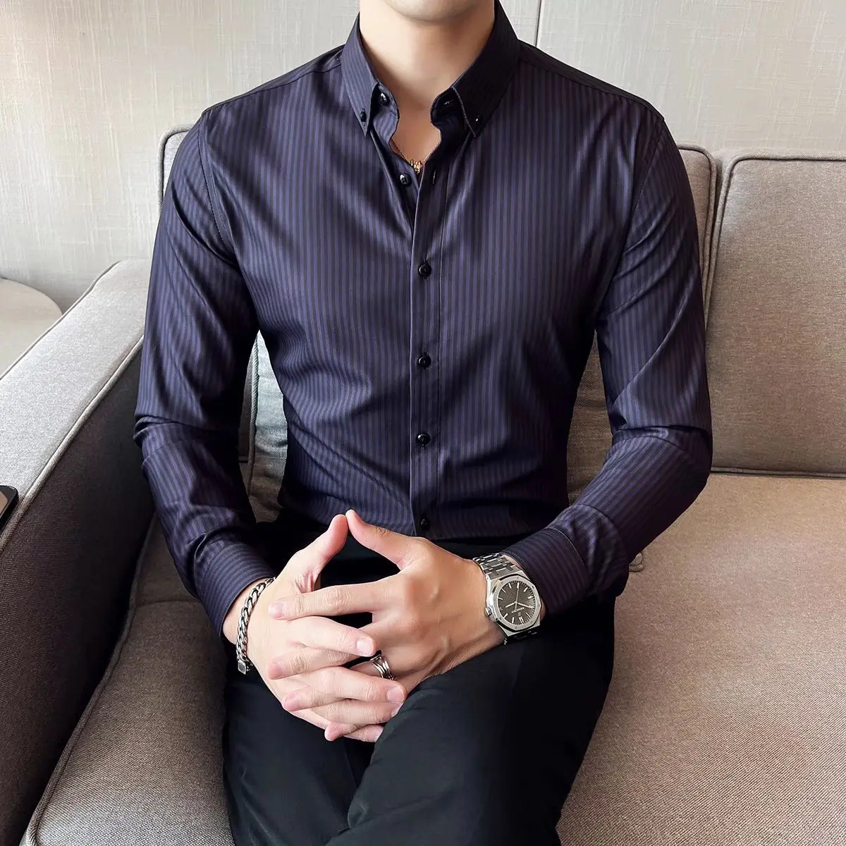 İngiltere Tarzı Çizgili Düğme Uzun Kollu O-Boyun Hırka Gömlek Resmi Rahat erkek Giyim Bahar Sonbahar Kontrast Renk Üstleri