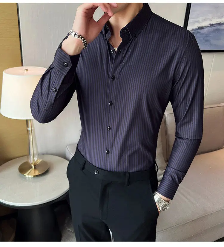 İngiltere Tarzı Çizgili Düğme Uzun Kollu O-Boyun Hırka Gömlek Resmi Rahat erkek Giyim Bahar Sonbahar Kontrast Renk Üstleri