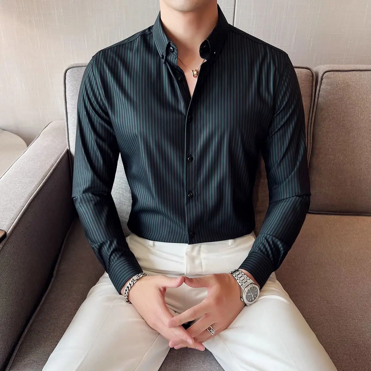 İngiltere Tarzı Çizgili Düğme Uzun Kollu O-Boyun Hırka Gömlek Resmi Rahat erkek Giyim Bahar Sonbahar Kontrast Renk Üstleri