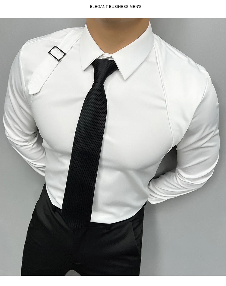 2024 Moda Omuz Askısı Ekleme Metal Düğme Tasarım Gömlek Erkekler Sosyal Smokin Elbise Gömlek Erkekler Slim Fit Uzun Kollu Gömlek