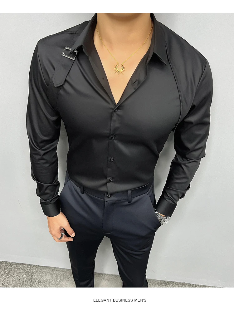 2024 Moda Omuz Askısı Ekleme Metal Düğme Tasarım Gömlek Erkekler Sosyal Smokin Elbise Gömlek Erkekler Slim Fit Uzun Kollu Gömlek