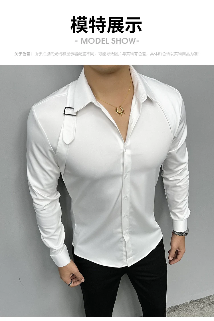 2024 Moda Omuz Askısı Ekleme Metal Düğme Tasarım Gömlek Erkekler Sosyal Smokin Elbise Gömlek Erkekler Slim Fit Uzun Kollu Gömlek
