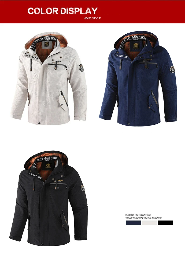 Erkek gündelik moda trendi çok cepli düz renk kapşonlu rüzgar geçirmez su geçirmez çalışma fermuarlı açık kamp ceketi