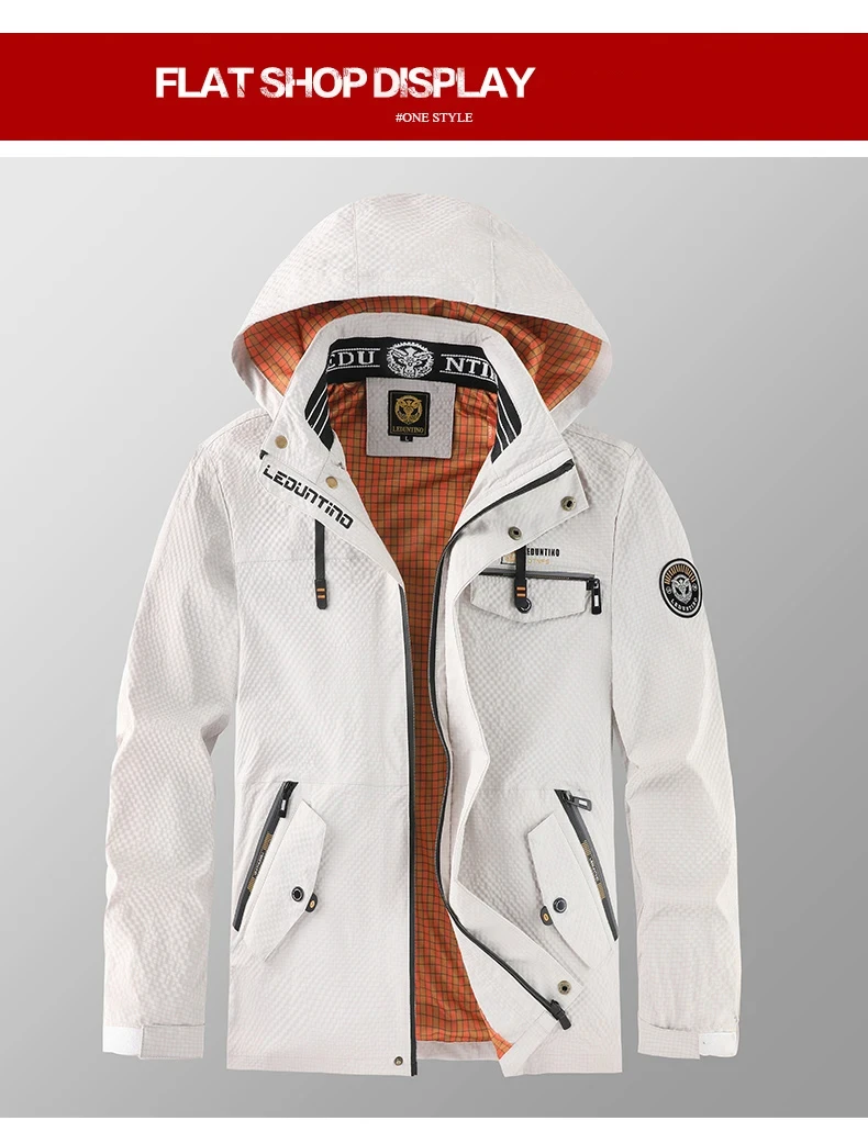 Erkek gündelik moda trendi çok cepli düz renk kapşonlu rüzgar geçirmez su geçirmez çalışma fermuarlı açık kamp ceketi