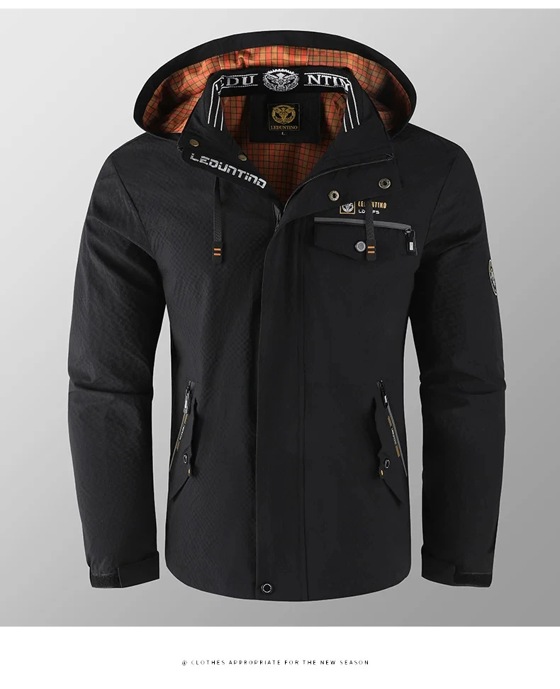 Erkek gündelik moda trendi çok cepli düz renk kapşonlu rüzgar geçirmez su geçirmez çalışma fermuarlı açık kamp ceketi