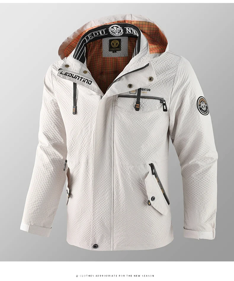 Erkek gündelik moda trendi çok cepli düz renk kapşonlu rüzgar geçirmez su geçirmez çalışma fermuarlı açık kamp ceketi