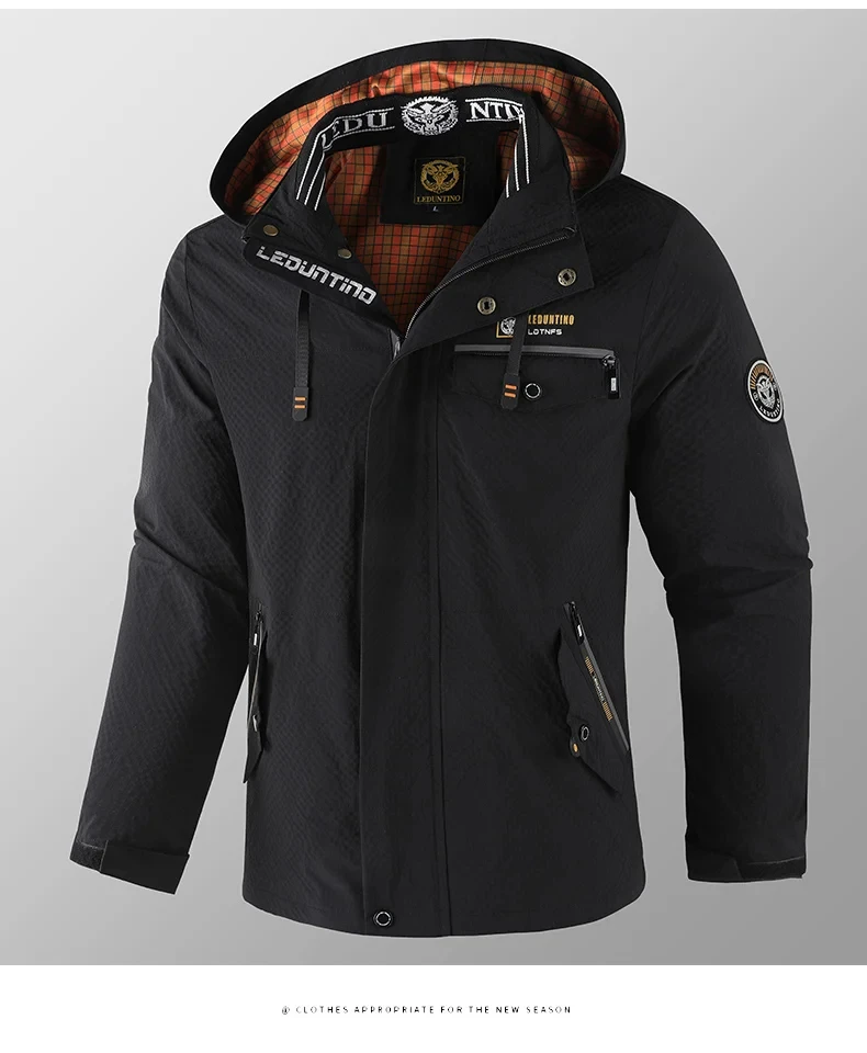 Erkek gündelik moda trendi çok cepli düz renk kapşonlu rüzgar geçirmez su geçirmez çalışma fermuarlı açık kamp ceketi