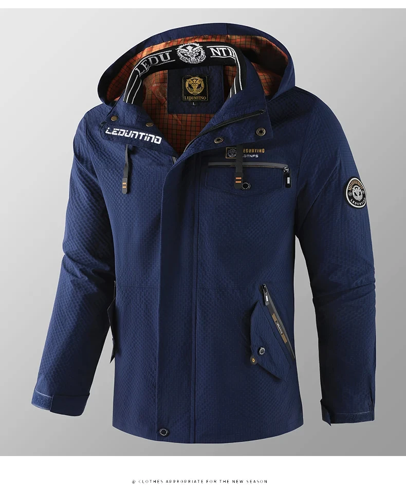 Erkek gündelik moda trendi çok cepli düz renk kapşonlu rüzgar geçirmez su geçirmez çalışma fermuarlı açık kamp ceketi