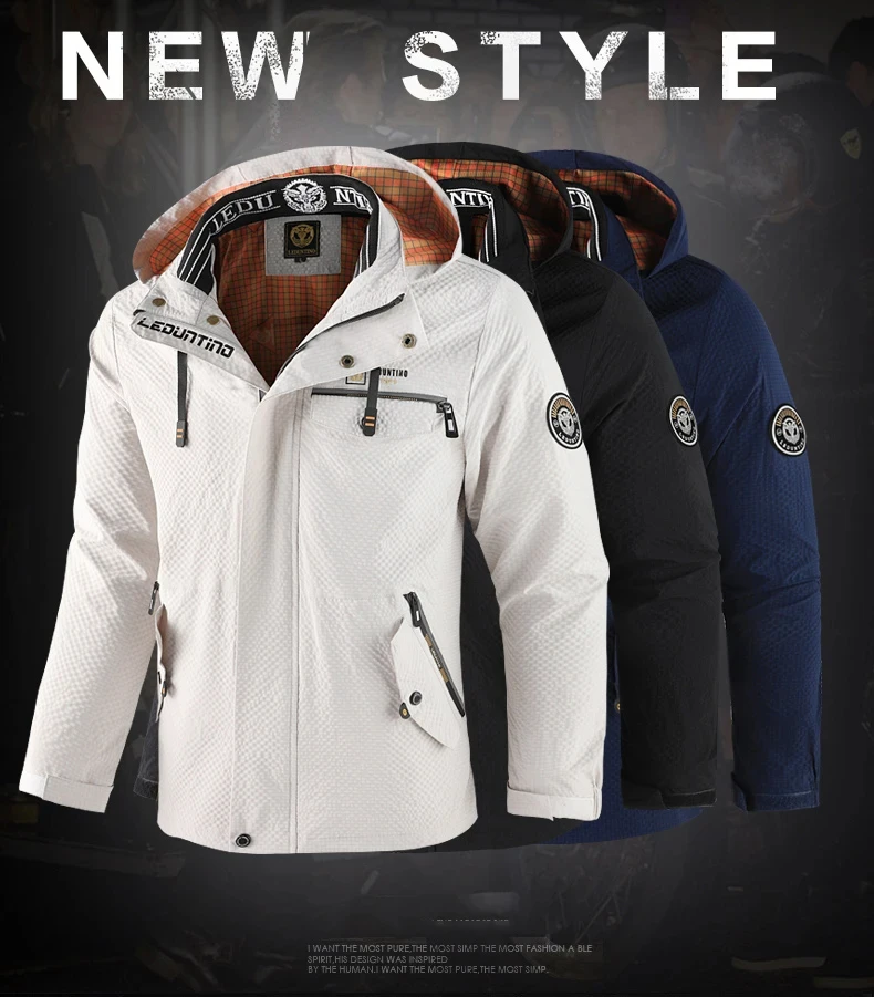 Erkek gündelik moda trendi çok cepli düz renk kapşonlu rüzgar geçirmez su geçirmez çalışma fermuarlı açık kamp ceketi