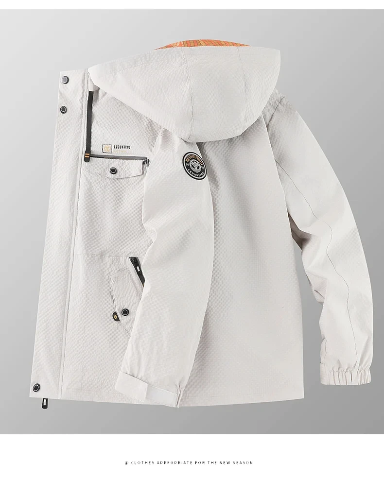 Erkek gündelik moda trendi çok cepli düz renk kapşonlu rüzgar geçirmez su geçirmez çalışma fermuarlı açık kamp ceketi