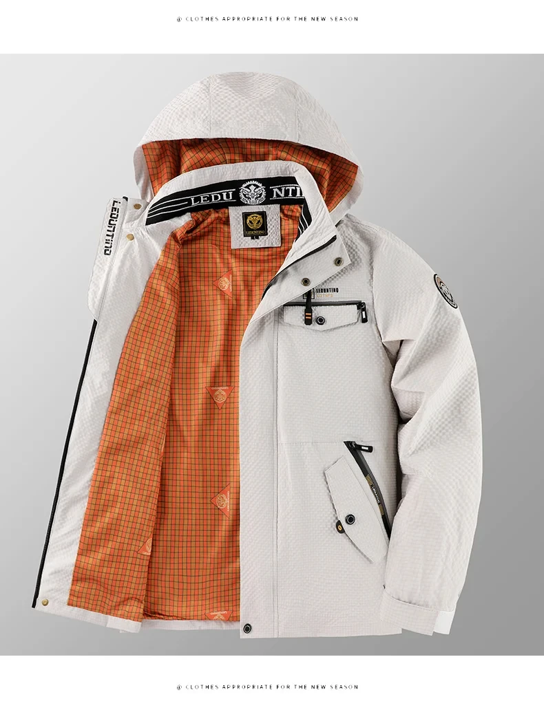 Erkek gündelik moda trendi çok cepli düz renk kapşonlu rüzgar geçirmez su geçirmez çalışma fermuarlı açık kamp ceketi