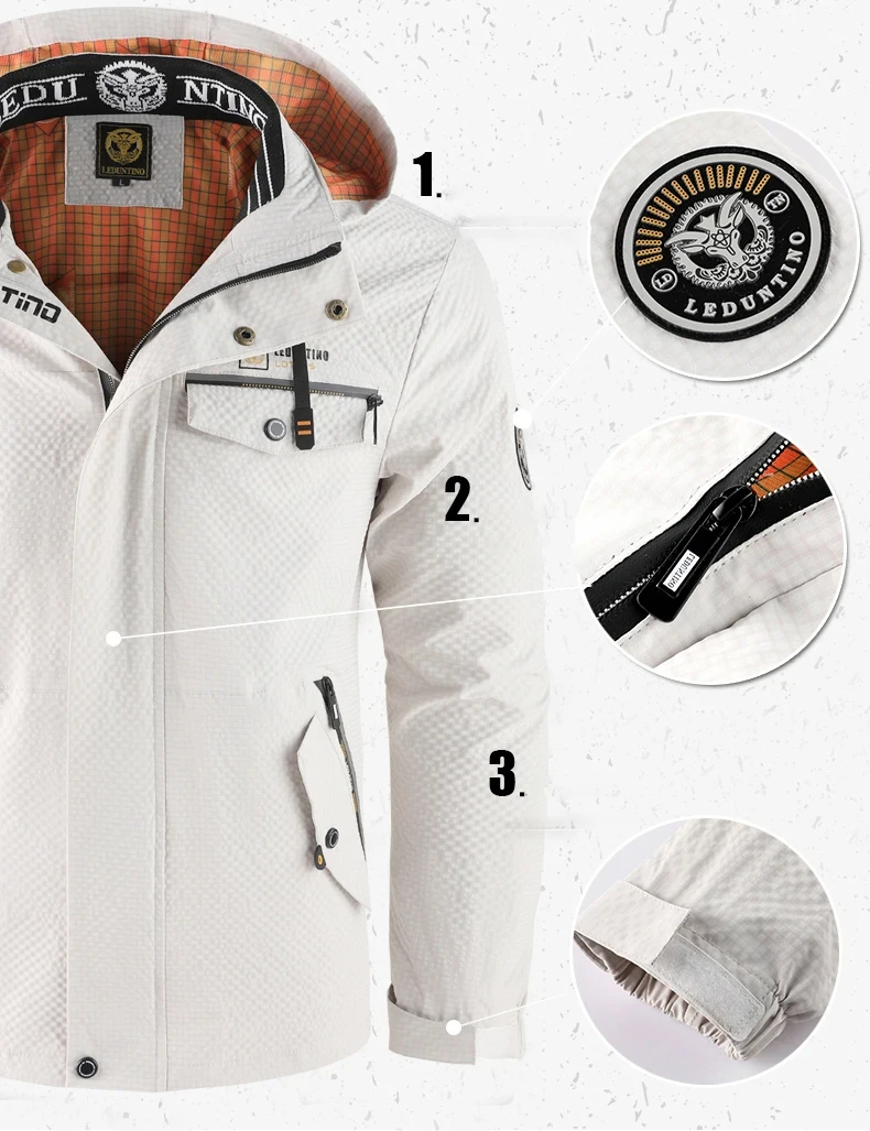 Erkek gündelik moda trendi çok cepli düz renk kapşonlu rüzgar geçirmez su geçirmez çalışma fermuarlı açık kamp ceketi