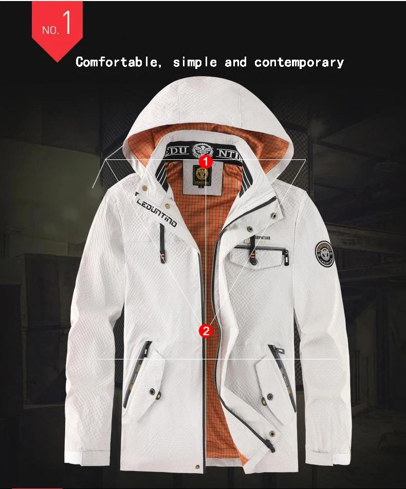 Erkek gündelik moda trendi çok cepli düz renk kapşonlu rüzgar geçirmez su geçirmez çalışma fermuarlı açık kamp ceketi